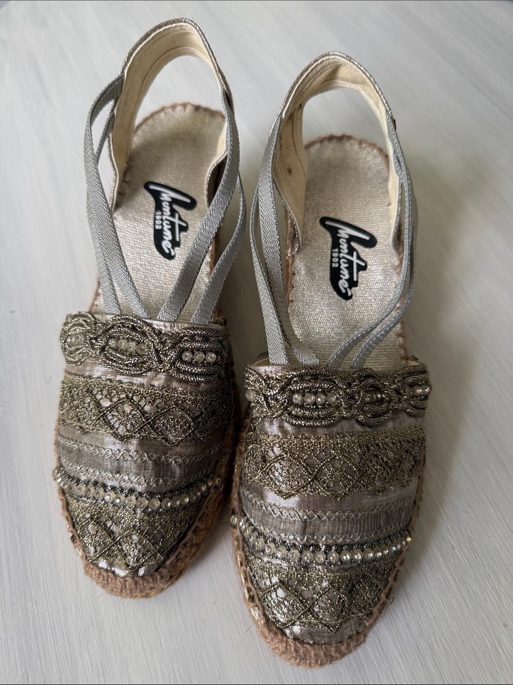 Montane-Beaded Metallic Espadrille Slingback Flats - Silver